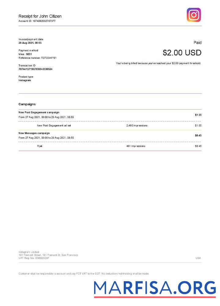 Downloadable USA Instagram invoice template